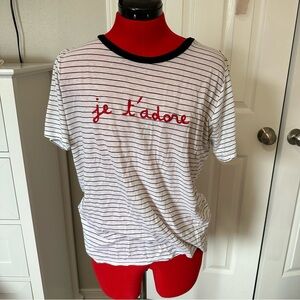 Lauren Moshi White and Black Striped Tee with Red Text